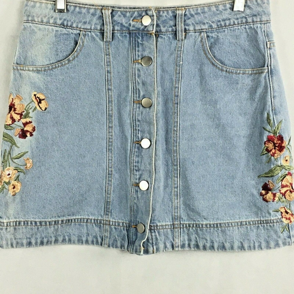 LoveRiche Skirt Womens Sz L Blue Floral Embroidered Denim Mini Button Front Boho